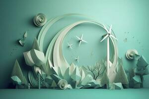 Paper art, renewable energy with green energy such as wind turbines, Renewable energy by 2050 Carbon neutral energy, Energy consumption, and CO2, Reduce CO2 emission concept, generate ai photo