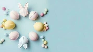 Easter party concept. Top view photo of easter bunny ears white pink blue and yellow eggs on isolated pastel blue background with copy space in the middle, generate ai