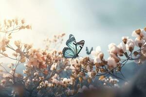 primavera bandera, ramas de cierne Cereza en contra el antecedentes de azul cielo, y mariposas en naturaleza al aire libre. rosado sakura flores, soñador romántico imagen primavera, paisaje panorama, generar ai foto