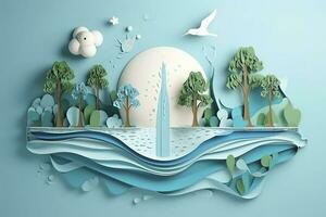 Paper art , Ecology and world water day , Saving water and world Environment day, environmental protection and save earth water , Generate Ai photo