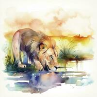 A lion drinking from a river at sunset watercolor painting, beautiful natural forms, crisp clean shapes, colorful, white background , generate ai photo