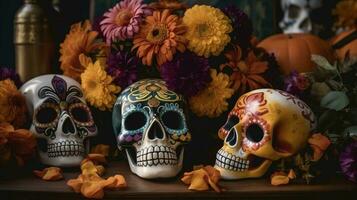 Day of the Dead skulls. Dia de los Muertos. Day of the Dead and Mexican Halloween background. Mexican tradition festival. Day of the dead sugar skull. Dia de los Muertos, generate ai photo