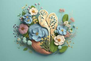 Human liver with flowers, pastel colors, on blue background, 3d render and illustration, generate ai photo