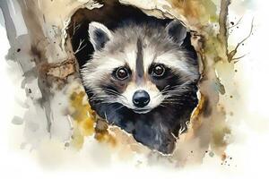Paint a curious raccoon peeking out of a tree hollow watercolor painting, beautiful natural forms, crisp clean shapes, colorful, white background, generate ai photo