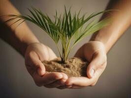 un niño participación un planta en su manos con un verde antecedentes y luz de sol brillante mediante el hojas en el planta, generar ai foto