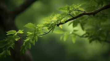 Earth Day and World Environment Day, Spring, Tropical tree leaves and branch with beautiful green forest background, generate ai photo