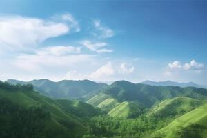 mundo ambiente día concepto, verde montañas y hermosa azul cielo nubes generativo ai foto