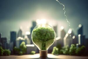 Energy consumption and CO2 gas emissions are increasing light bulbs with green eco city, Renewable energy by 2050 Carbon neutral energy, Save energy creative idea concept, . photo