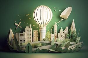 Paper cut of light bulb with green eco city , Renewable energy by 2050 Carbon neutral energy or greenhouse gas emission CO2 , Save energy creative idea concept , photo