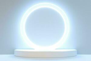 Abstract 3D silver cylinder pedestal podium floating on air with glowing neon ring background. Silver wall scene for product display presentation. rendering geometric platform, generate ai photo