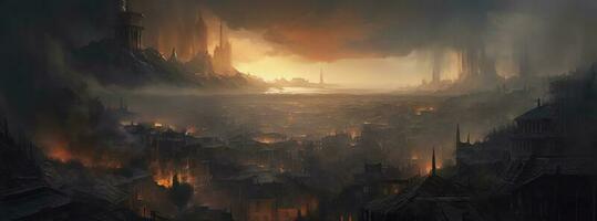 Post apocalypse. Nuclear apocalypse survivor. Ruined Cityscape. Concept. Banner size. Header, generate ai photo