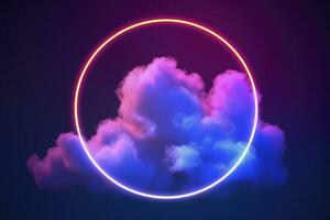 3d render, abstract cloud illuminated with neon light ring on dark night sky. Glowing geometric shape, round frame, generate ai photo