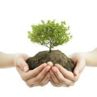 Environment Earth Day In the Tree plant in woman hand isolated on white background. Forest conservation concept, concept eco earth day. Saving the environment, ecology concept, generate ai photo