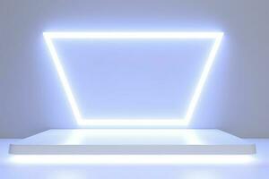 Realistic podium display with neon white lights, Product display background with light frame, White prodium product display with light effect, neon lights background, generate ai photo