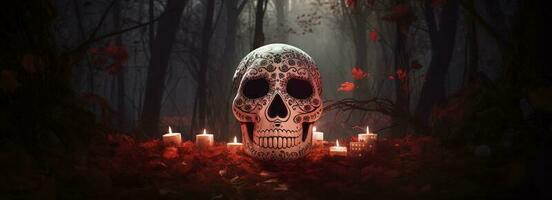 Day of the Dead skulls. Dia de los muertos. Day of the dead and mexican Halloween background. Mexican tradition festival. Day of the dead sugar skull. Dia de los Muertos, generate ai photo