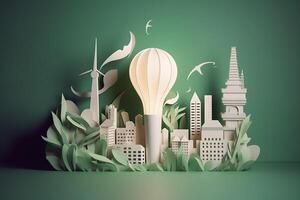 Paper cut of light bulb with green eco city , Renewable energy by 2050 Carbon neutral energy or greenhouse gas emission CO2 , Save energy creative idea concept , photo