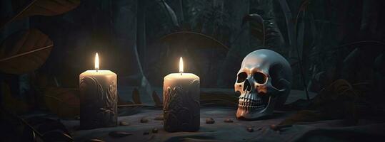 Artificial skull and candlestick on wooden layer on black background, generate ai photo