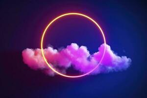 3d render, abstract cloud illuminated with neon light ring on dark night sky. Glowing geometric shape, round frame, generate ai photo