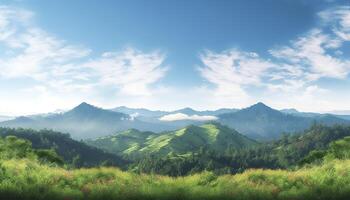 mundo ambiente día concepto, verde montañas y hermosa azul cielo nubes generativo ai foto