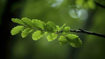 Earth Day and World Environment Day, Spring, Tropical tree leaves and branch with beautiful green forest background, generate ai photo