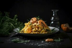 Traditional Italian tagliatelle ai gamberoni pasta with king prawns and herbs served as close-up on a design plate with copy space, generate ai photo