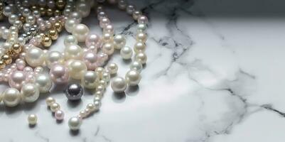 Pearls background. Pearls on marble background, generate ai photo