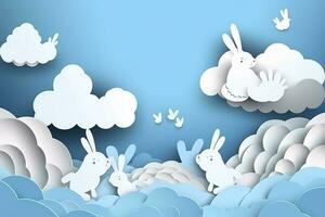 Horizontal banner with paper cut clouds, rabbit, eggs, and hearts, blue sky background, paper cut craft art. A place for text. Happy Easter Day sale concept, template with square frame, generate ai photo