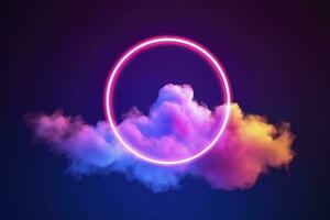 3d render, abstract cloud illuminated with neon light ring on dark night sky. Glowing geometric shape, round frame, generate ai photo