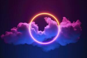 3d render, abstract cloud illuminated with neon light ring on dark night sky. Glowing geometric shape, round frame, generate ai photo