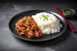 Sweet and sour chili sauce chicken with rice in a plate, generate ai photo