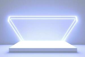 Realistic podium display with neon white lights, Product display background with light frame, White prodium product display with light effect, neon lights background, generate ai photo