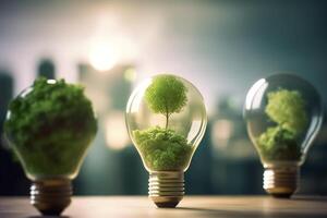 Energy consumption and CO2 gas emissions are increasing light bulbs with green eco city, Renewable energy by 2050 Carbon neutral energy, Save energy creative idea concept, . photo