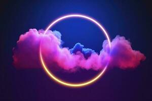 3d render, abstract cloud illuminated with neon light ring on dark night sky. Glowing geometric shape, round frame, generate ai photo