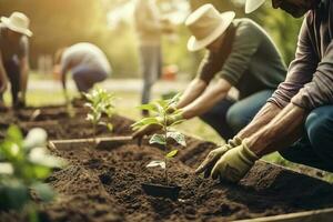 personas plantando arboles o trabajando en comunidad jardín promoviendo local comida producción y habitat restauracion, concepto de sustentabilidad y comunidad compromiso , generar ai foto