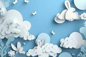 Horizontal banner with paper cut clouds, rabbit, eggs, and hearts, blue sky background, paper cut craft art. A place for text. Happy Easter Day sale concept, template with square frame, generate ai photo