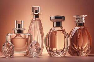 elegancia perfume botella, femenino cosmético rosa, generativo ai foto