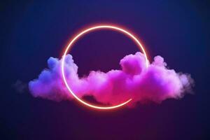 3d render, abstract cloud illuminated with neon light ring on dark night sky. Glowing geometric shape, round frame, generate ai photo