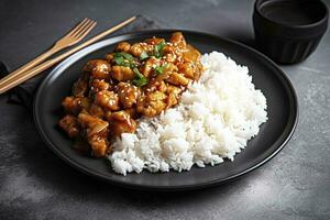 Sweet and sour chili sauce chicken with rice in a plate, generate ai photo