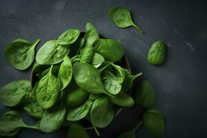 Fresh organic baby spinach leaves. Top view with copy space, generate ai photo