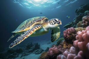 mar Tortuga nadando el submarino, hermosa submarino y vistoso coral en el salvaje naturaleza de el Pacífico Oceano generar ai foto