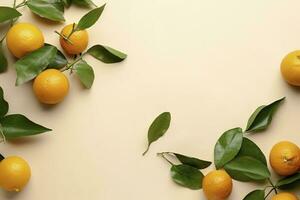 Whole orange yellow tangerines with green leaves on pastel beige background, copyspace. Citrus fruits mandarines as minimal food frame background, empty space, above view, generate ai photo