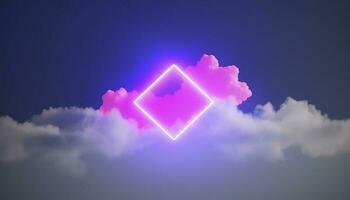 3d render, abstract minimal background with pink blue yellow neon light square frame with copy space, illuminated stormy clouds, glowing geometric shape, generate ai photo