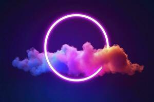 3d render, abstract cloud illuminated with neon light ring on dark night sky. Glowing geometric shape, round frame, generate ai photo