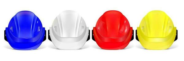 Set of multicolored 3d glossy safety helmets. Three-dimensional hard hats isolated on a white background. vector