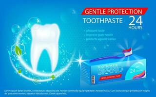 Whitening toothpaste ads, mint leaves flavour toothpaste on toothbrush with sparkling effect vector