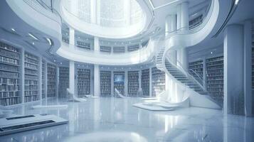 artificial inteligencia blanco biblioteca salón de clases en espacio, un futurista biblioteca con un lote de libros con natural luz, fotorrealista 2050, generar ai foto