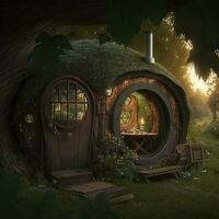 concepto Arte ilustración de hobbit casa, generar ai foto