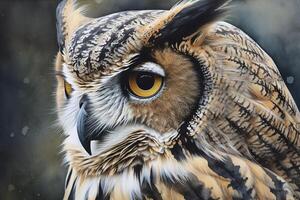 Paint a watercolor portrait of a wise owl featu . photo