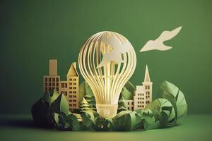 Paper cut of light bulb with green eco city , Renewable energy by 2050 Carbon neutral energy or greenhouse gas emission CO2 , Save energy creative idea concept , photo