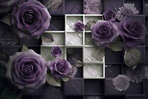 3d mural moderno fondo de pantalla. púrpura Rosa flores con cuadrícula y decorativo antecedentes . moderno Arte para pared hogar decoración, generar ai foto